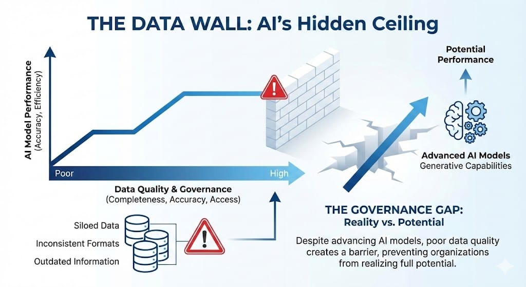 Visualization of the AI Data Wall - showing the gap between AI model capabilities and data quality