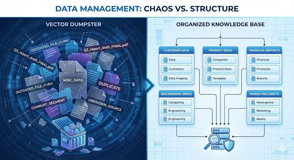 Diagram comparing organized knowledge base vs chaotic vector database with mixed, outdated data